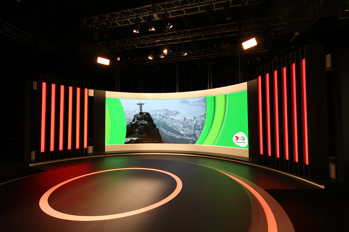 Channel 7 Studio Rio Olympics TV Studio Broadcast Stage Custom Lighting Curved LED Screen