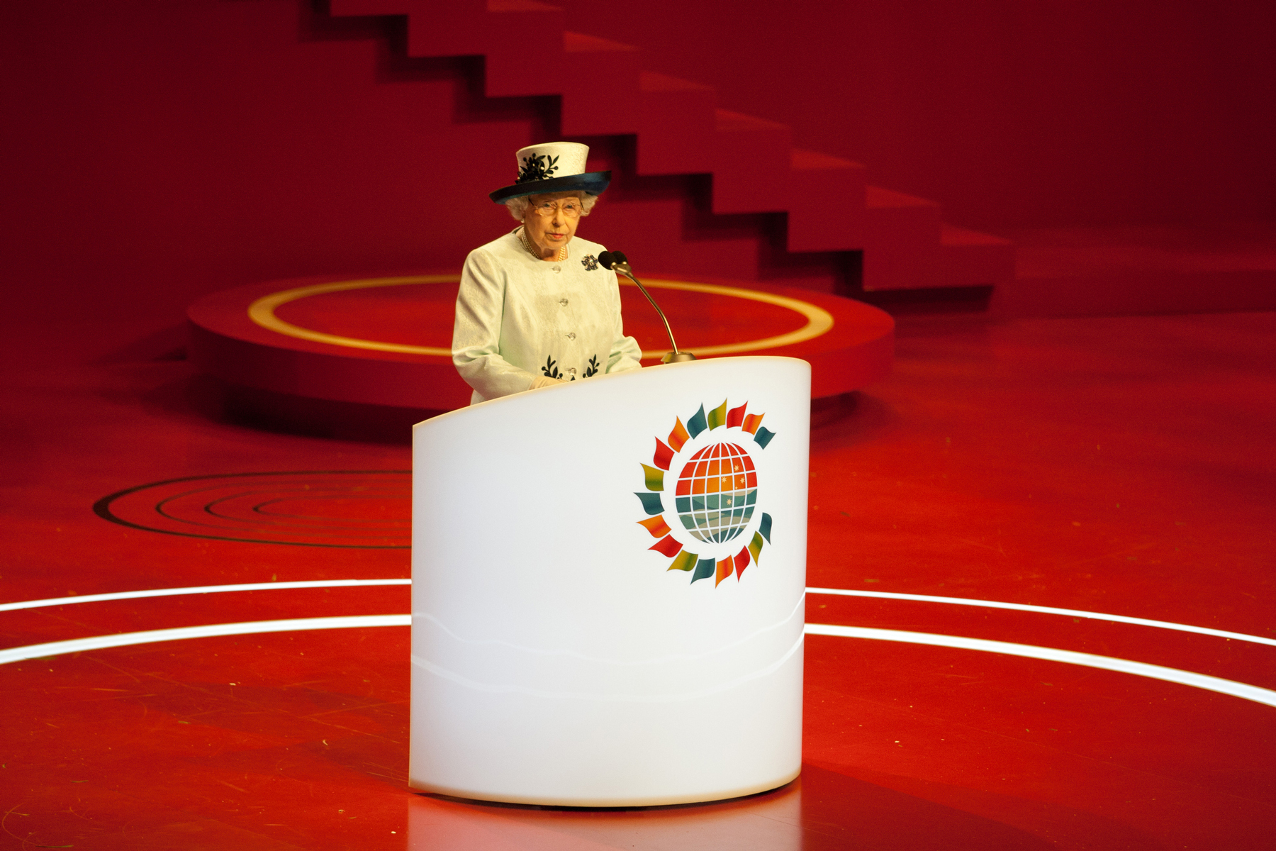 CHOGM Event LED Stage Lighting Design Queen Elizabeth Speaking at a podum